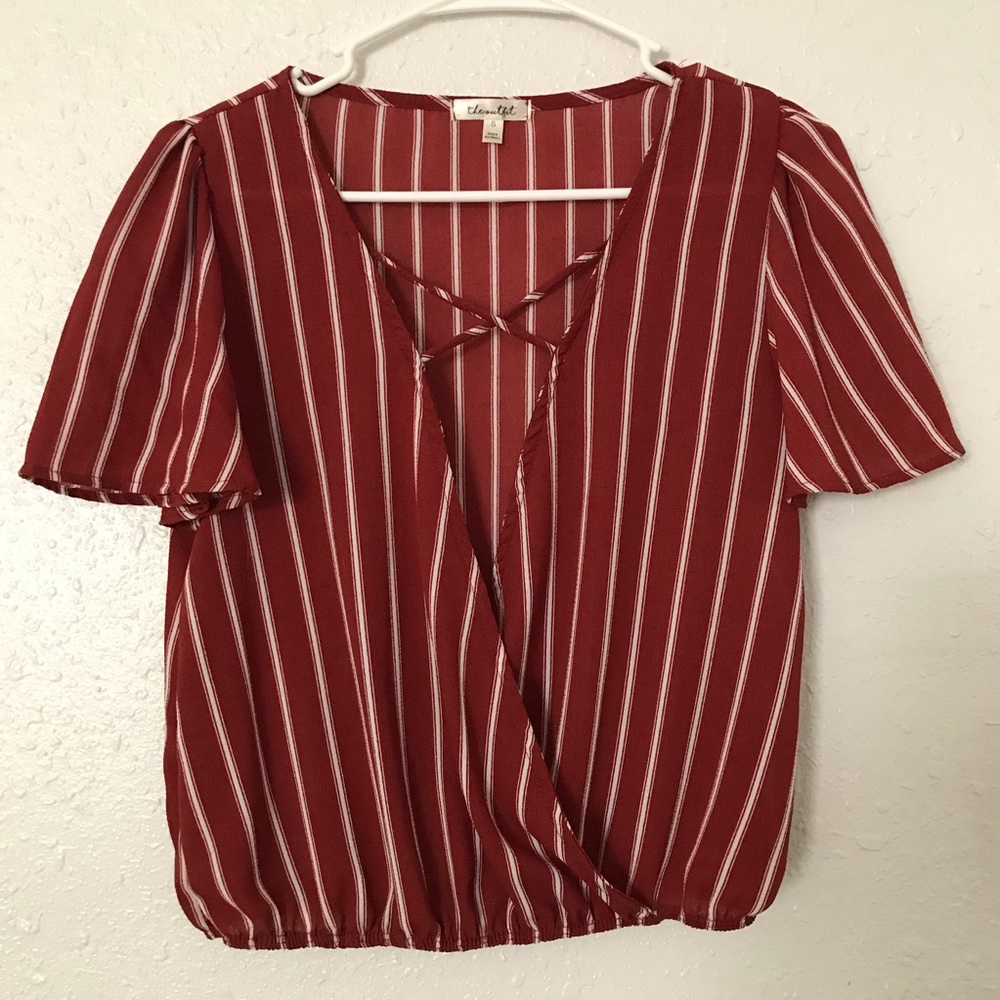 Brick red stripe chiffon crisscross chest top